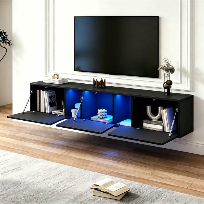 Meuble TV Mural Noir Brillant 180x35x30cm Lowboard Suspendu FloraGrace Pour Salon LED Controlee Par Application 180x35x30cm