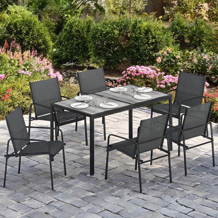 Salon de jardin 7 pièces effet bois pour 6 personnes structure acier galvanisé noir assise maille respirante