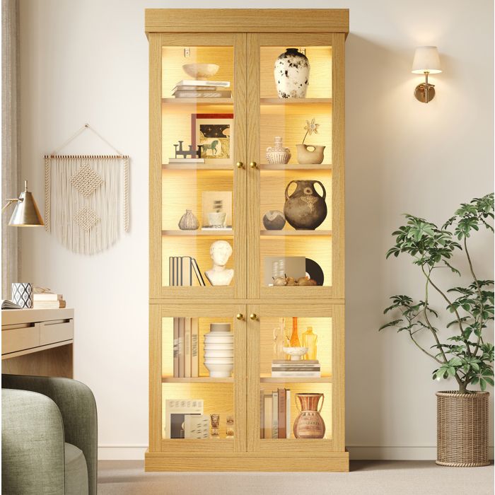 ULEVR vitrine sur pied 80x40x180 cm en MDF et verre bois naturel LED intégrée 2 portes anti-basculement