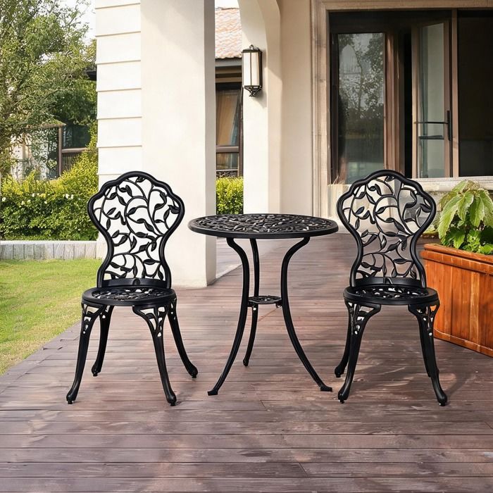 Ensemble de table bistrot ronde 3 pièces en fonte daluminium noir - 2 chaises jardin terrasse style antique