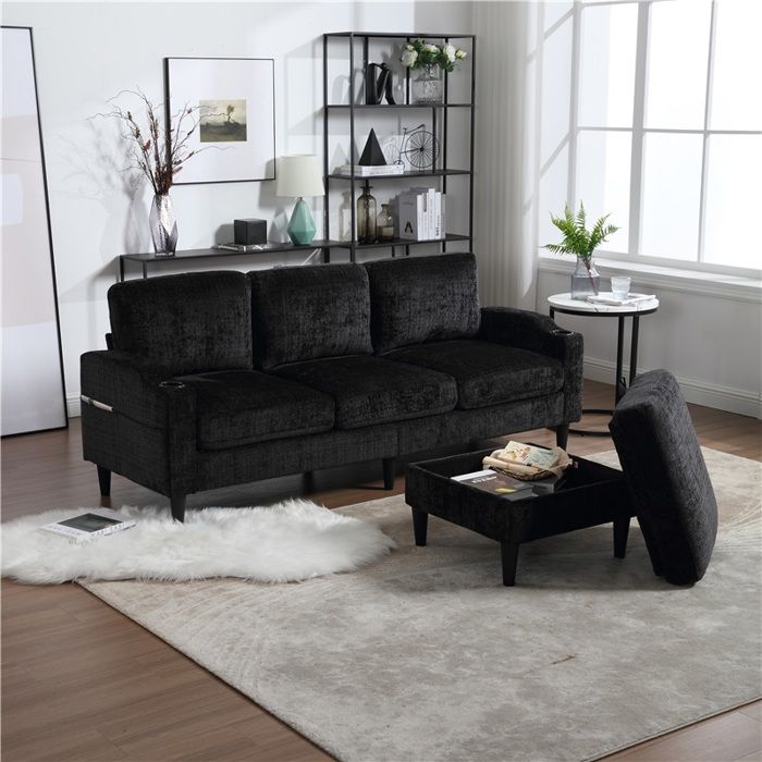 Canapé élégant 4 places en velours doux inclut un pouf et espace de rangement porte-boissons + poches latérales Canapé élégant 4 places en velours doux inclut un pouf et espace de rangement porte-boissons + poches latérales
