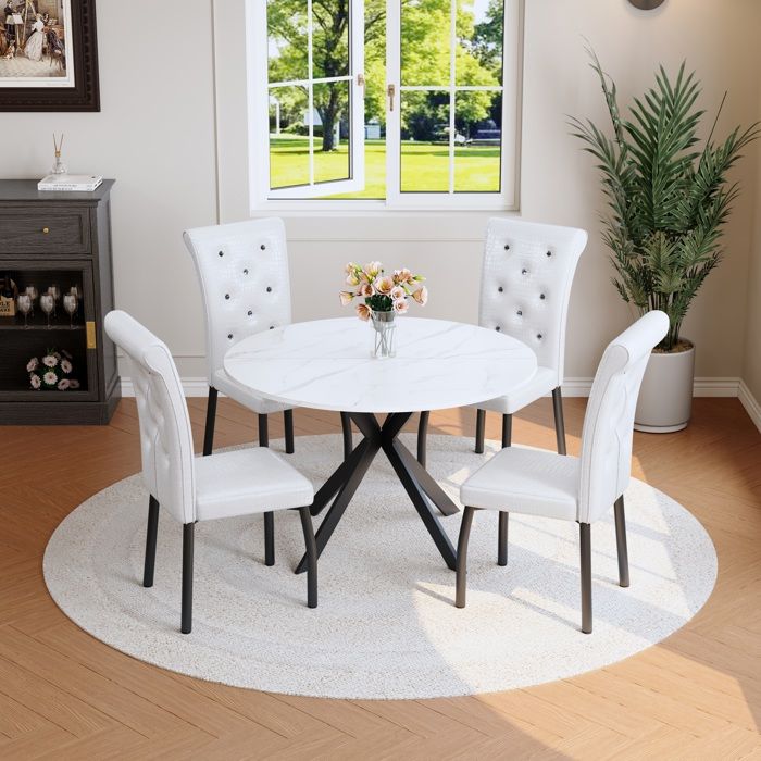 WUVRIE Ensemble repas avec table ronde aspect marbre blanc et 4 chaises blanches pieds metal noir