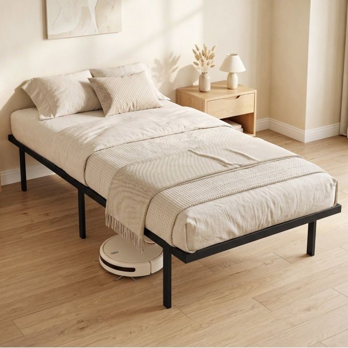 Sommier métallique 1 place 90 x 200 cm noir avec 11 lattes 6 pieds et espace de rangement sous le lit