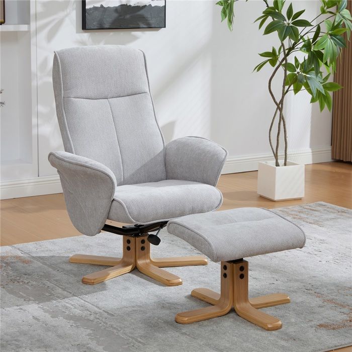 Fauteuil pivotant relax gris avec repose-pieds tissu chenille doux piètement bois massif + métal assise tournante inclinable Fauteuil pivotant relax gris avec repose-pieds tissu chenille doux piètement bois massif + métal assise tournante inclinable