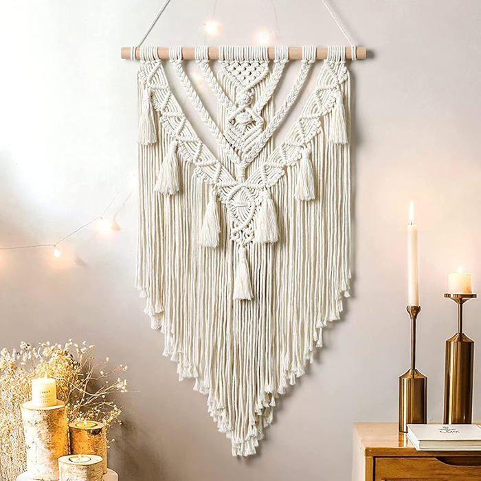 Boho Macramé Tenture Murale Géométrique Tissé Bohème Tapisserie Murale Beige et Gris Coton Fait à Main Ornement Beige TENTURE