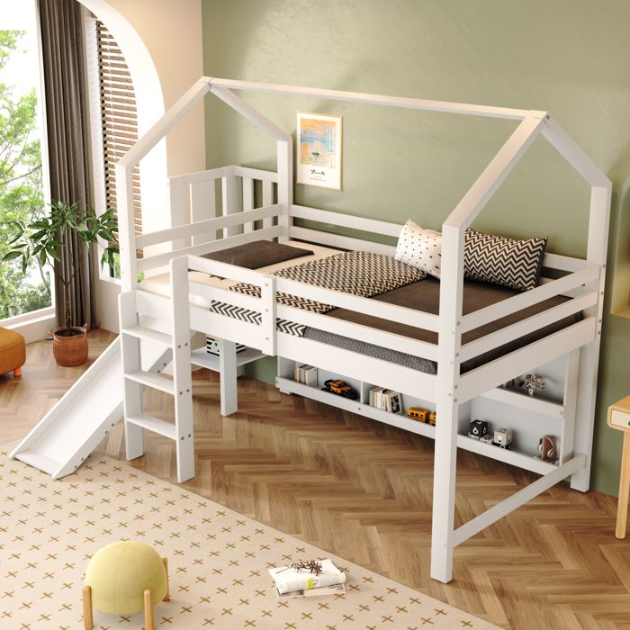 Lit cabane enfant - ZEVKOR - 1 place 90×200 cm - avec toboggan - escalier - rangements intégrés