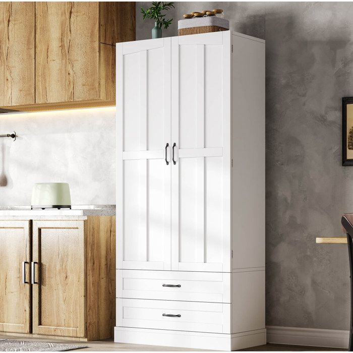 Colonne de cuisine 80 x 38 x 180 cm meuble rangement 2 portes 2 tiroirs 3 étagères coulissantes MDF blanc JOINERY
