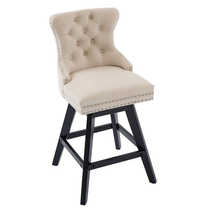 Lot de 2 tabourets de bar pivotants en velours beige dossier capitonné pieds en bois massif
