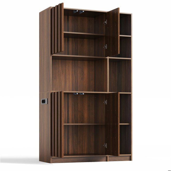 Buffet de cuisine haut en MDF couleur noyer avec LED RGB prises intégrées et rangements ouverts 105 x 40 x 180 cm