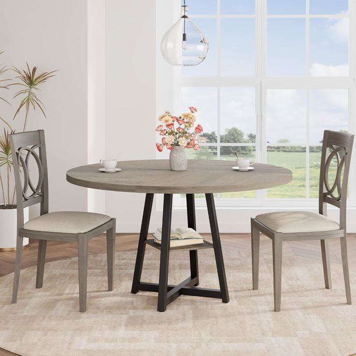 Table à manger ronde 120 cm - 4 à 6 personnes - Style industriel - Plateau bois grain naturel et étagère - Gris