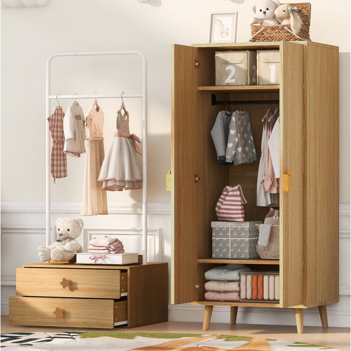MEUBLIV Armoire enfant double porte avec 2 tiroirs rangement en MDF aspect bois naturel