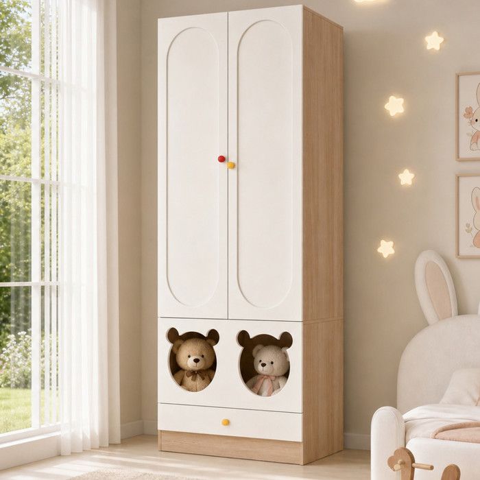 Armoire enfant 2 portes 80x50x200 cm finition blanc laqué et bois naturel tringle et tiroirs