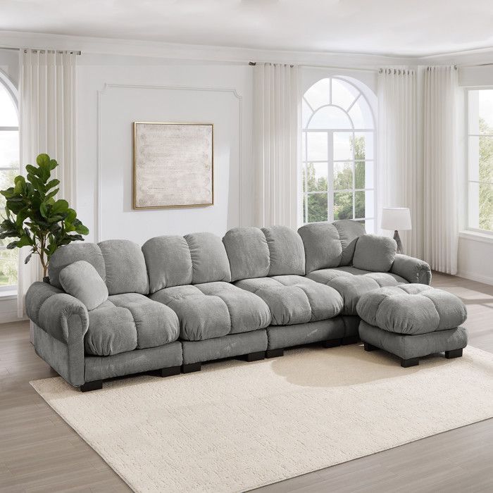 Canapé dAngle 4 Places - 330x149x90cm - Sofa Cloud Modulable en Chenille avec Ottoman Coussins et Assise XL - Gris Clair