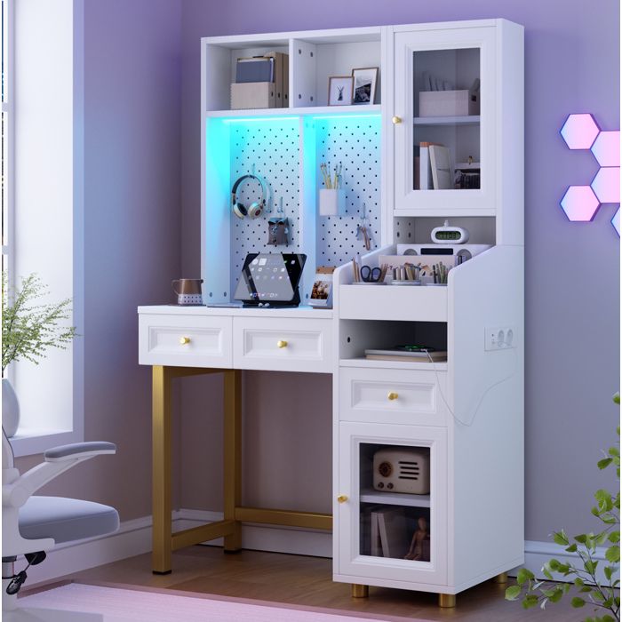 Coiffeuse avec éclairage LED panneau perforé 2 prises USB vitrine 3 tiroirs et étagères 100 x 156 x 45 cm