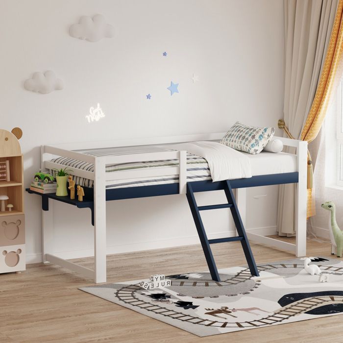 Lit enfant mezzanine 90x200 cm en pin massif barrière de sécurité échelle fixe table latérale sommier inclus blanc bleu