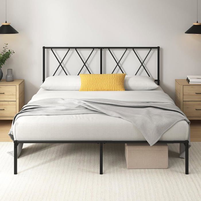 Sommier 140x190 cm avec tête de lit et cadre métal - Lattes métalliques 2 personnes hauteur 30 cm noir