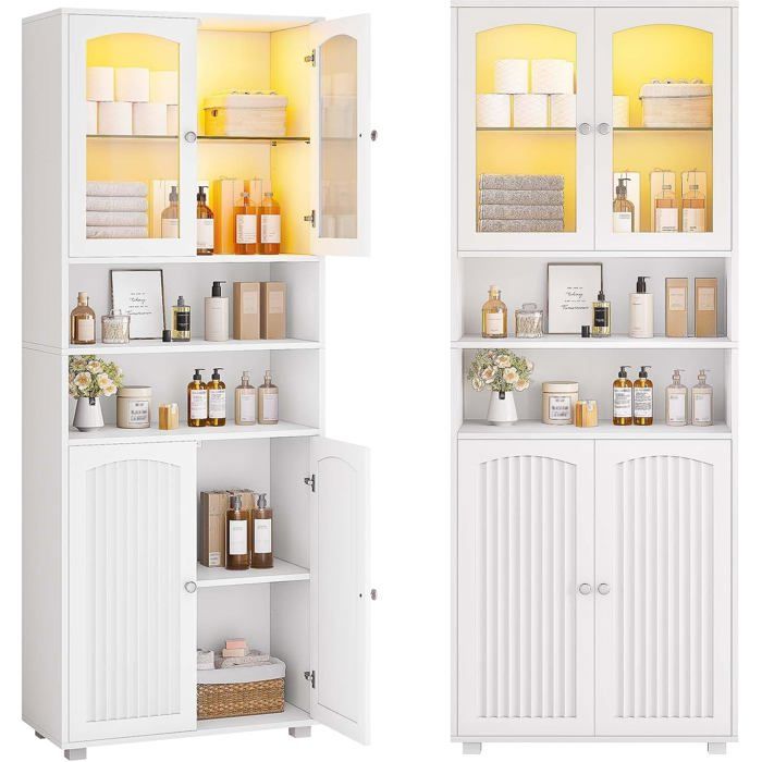 FORABAMB Colonne de salle de bain 60 x 29.5 x 179 cm Blanc Éclairage LED et 2 étagères réglables