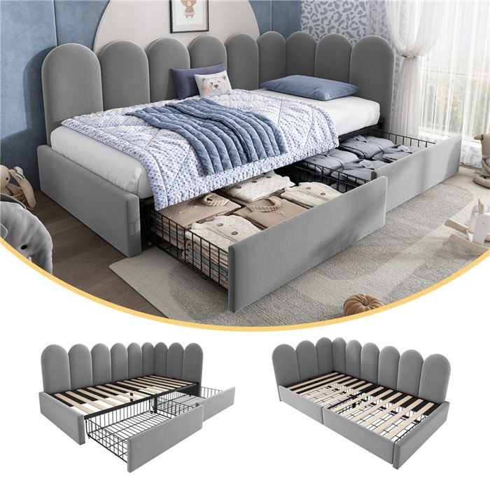 Lit capitonné 90x190 velours gris avec tiroirs rangement canapé-lit convertible 1 place adulte ado design moderne