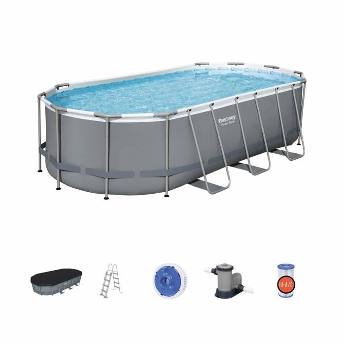 Kit piscine complet BESTWAY – Spinelle grise – piscine ovale tubulaire 5x3 m, pompe de filtration, échelle, bâche de protection,