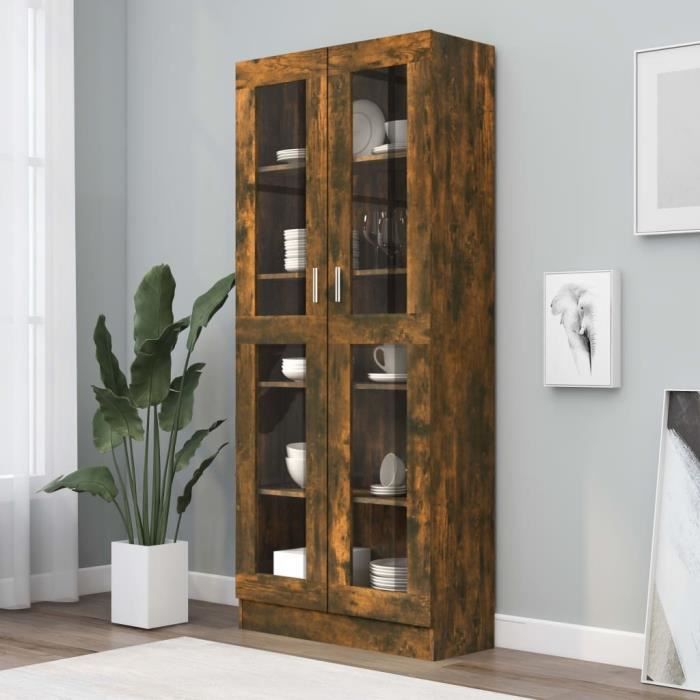 Armoire à vitrine - ALOMEJOR - Chêne fumé - 825x305x1855 cm - Bois dingénierie - 5 compartiments