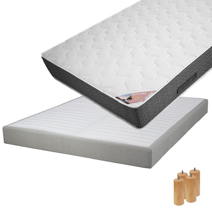 BERMUDES - Pack Matelas 140x190 + Sommier Tapissier Démontable 2x20 Lattes Lin + Pieds Bois 15cm BERMUDES - Pack Matelas 140x190 + Sommier Tapissier Démontable 2x20 Lattes Lin + Pieds Bois 15cm