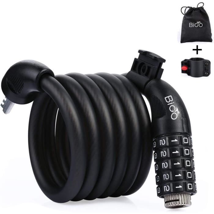 Antivol De Vélo Spin Avec Clé, 180 Cm/12 Mm, Antivol à Spirale Haute Securite Cable Antivol Leger Avec Support Pour Velo Electrique Vtt Velo De Trekking Noir