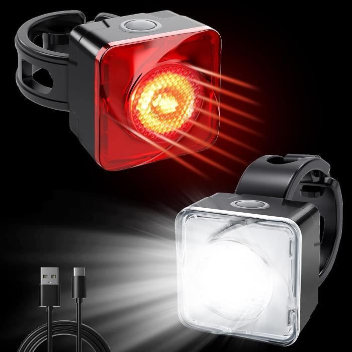 Kit éclairage Vélo Avant/arrière Rechargeable USB - 4 Feux LED Puissants, étanches IPX5 - 4/6 Modes - 11