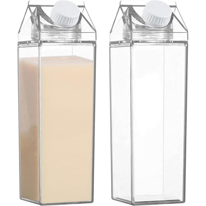 Bouteille d'eau en carton de lait Bouteilles de lait carrées transparentes  Gobelets en plastique étanches 1000ml, Bouteille d'eau en carton  transparente de lait réutilisable