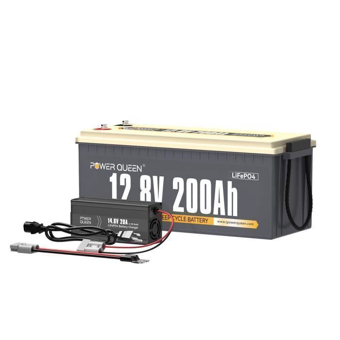 Power Queen Batterie Lithium LiFePO4 -12V 200Ah - 2560Wh- BMS 100A & 14,6V 20A Chargeur de Batterie Lithium (Expédition séparée)