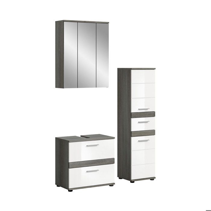 Ensemble salle de bain 3 meubles décor gris et blanc brillant - TWYNI