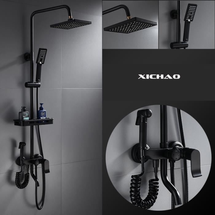 Colonne de Douche Noir Douchette à Mains 3 Jets et Pomme de Douche
