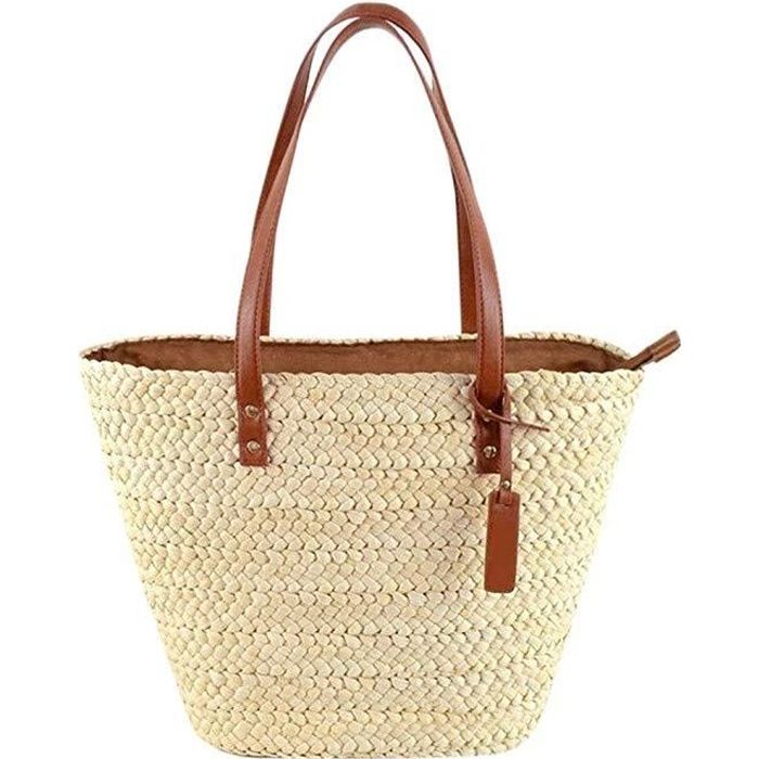 sac paille femme zipper ete de plage sacs à main bandoulière tissés rotin porte épaule fourre-tout cabas osier