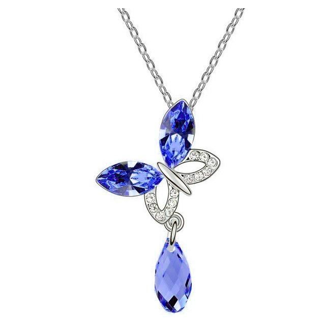 Femmes Parti Rose Saphir Papillon Strass Cristal Collier Pendentif