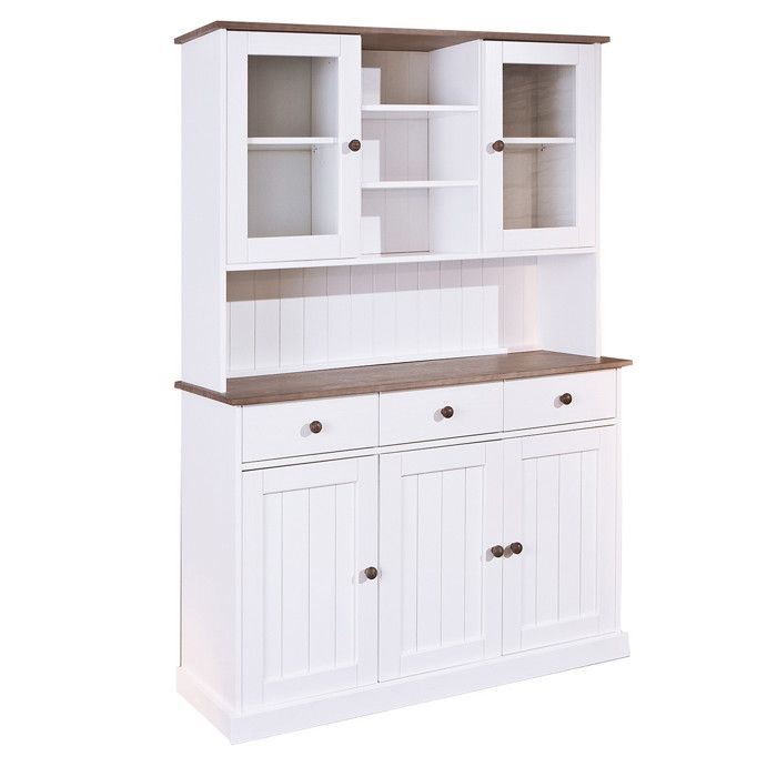 SOCOA - Buffet Vaisselier 5 Portes 3 Tiroirs Bois Massif Vernis Sepia et Blanc