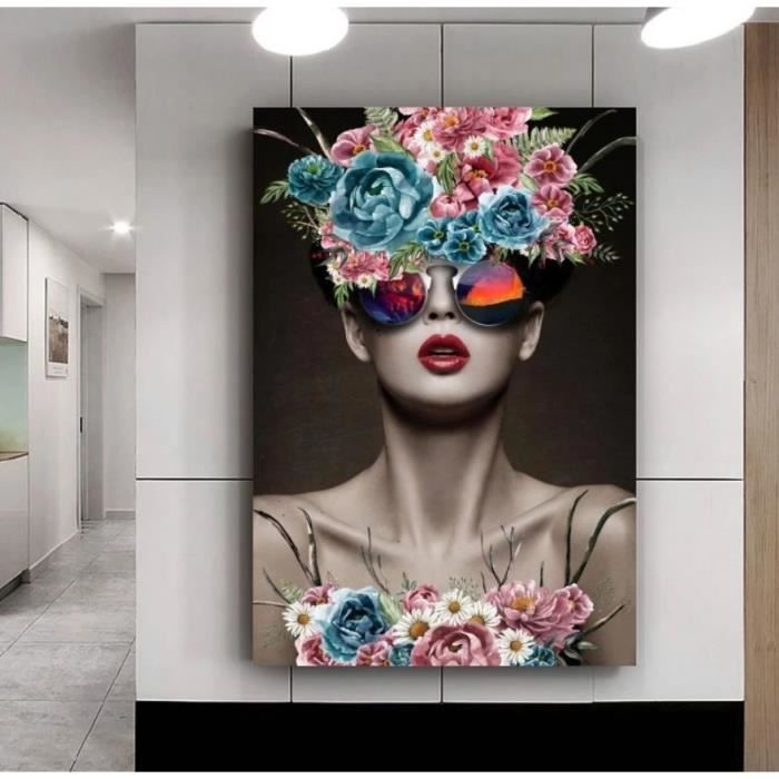 Impression sur verre Vintage - Bleu - Femme Tableau decoration murale salon 120x80 cm Tableau sur verre acrylique