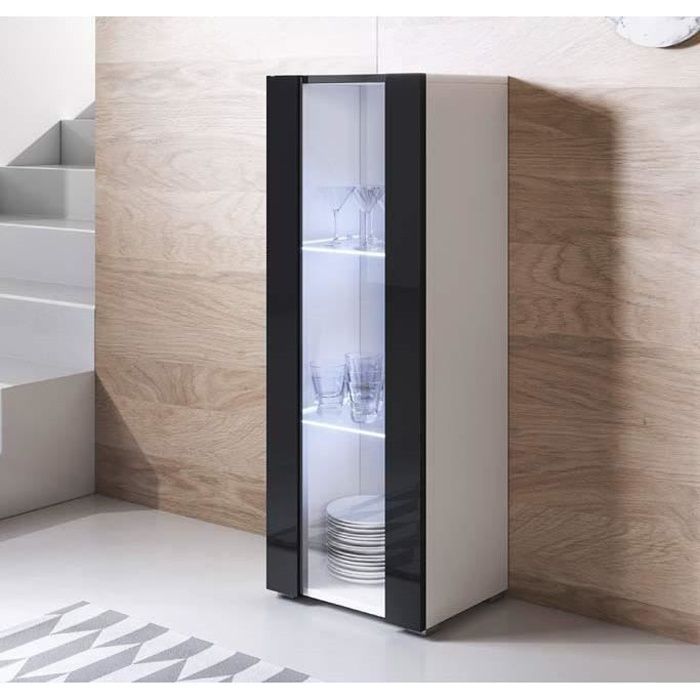 vitrine armoire 1 porte led - luke v2 - blanc et noir finition brillante - 3 compartiments - rangement
