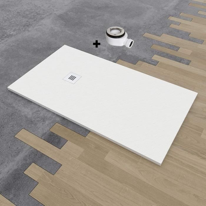 Receveur De Douche Extra-plat Quartz - Résine Charge Minérale - 75x110 Cm - Blanc RAL 9003 - Texture Ardoise Antidérapante C3 - Fabriqué En Espagne