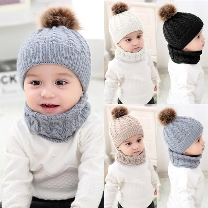 Bonnet Bébé Enfant Chapeau Capuche Laine Tricot Tour de cou Chaud