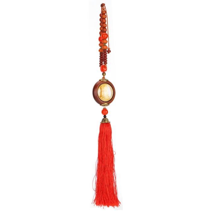 Dickly Pendenti Rétroviseur Statue Bouddha - Déco Voiture Bois Avec Pompons - Feng Shui - Rouge