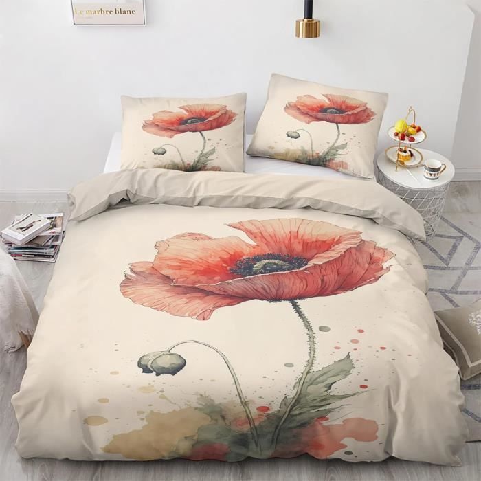 Housse De Couette 160X200 Coquelicot Parure De Lit 1 Personne Motif