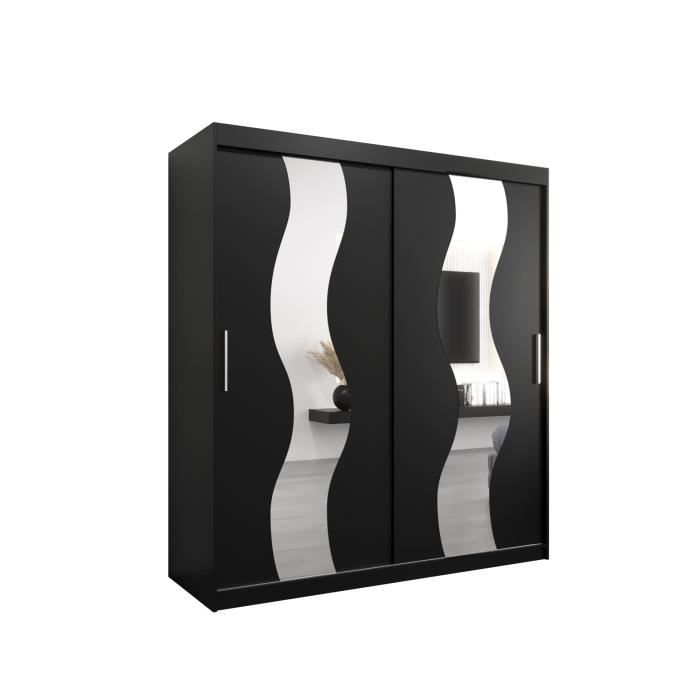 Armoire de Chambre REESE Noir 180 avec 2 Portes Coulissantes avec Miroir Penderie (Tringle) avec étagères Sans tiroirs