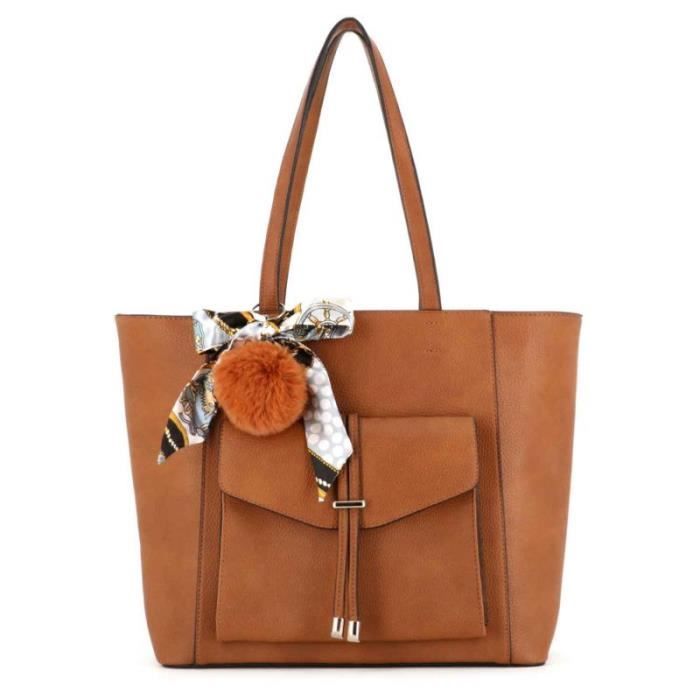 Flora Co Paris - Sac ?? Main Femme Grain?� Multipoches Pompon Fourrure Foulard Imprim?� - Camel 