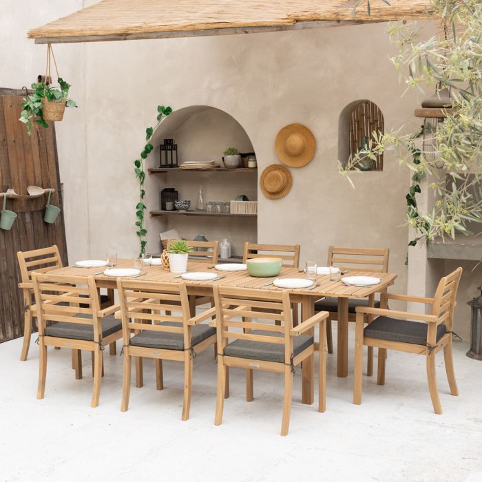 Salon de jardin extensible 180/240cm PADAR en acacia massif 8 places - coussins gris