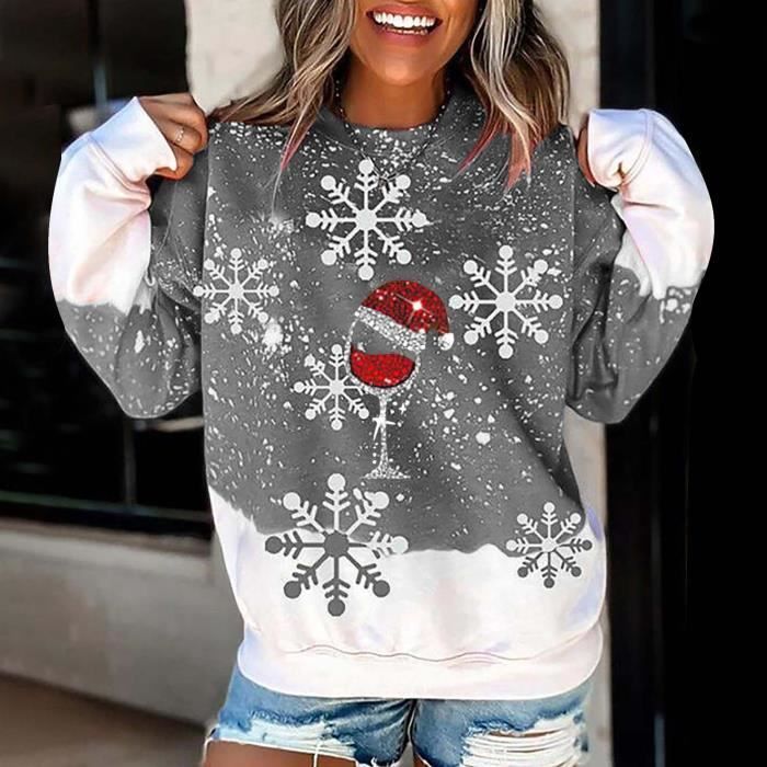 Tops Femme Noël Manches 3/4 Col Rond – T-Shirt Christmas Confortable Et Tendance Pour Les Fêtes