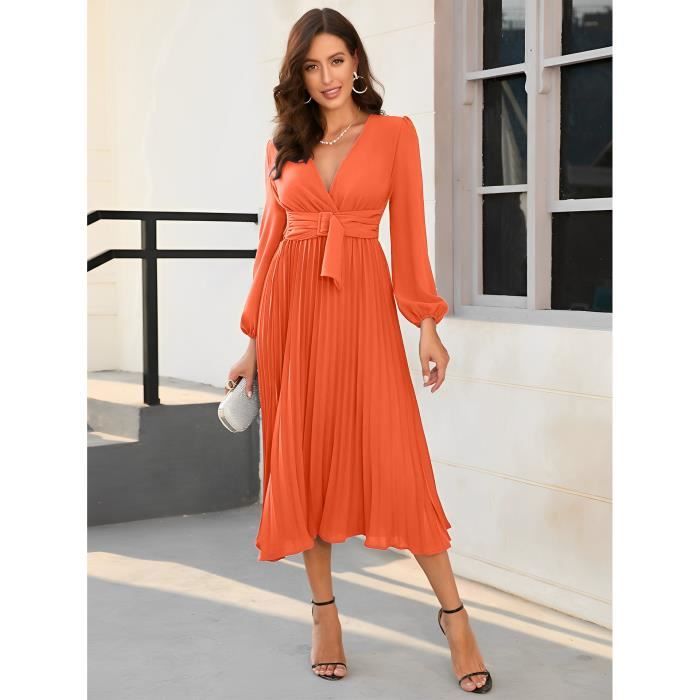 robe de femme grande chic elegant printemps et automne femmes col en v robe plissee une ligne dans la longue - orange nystore