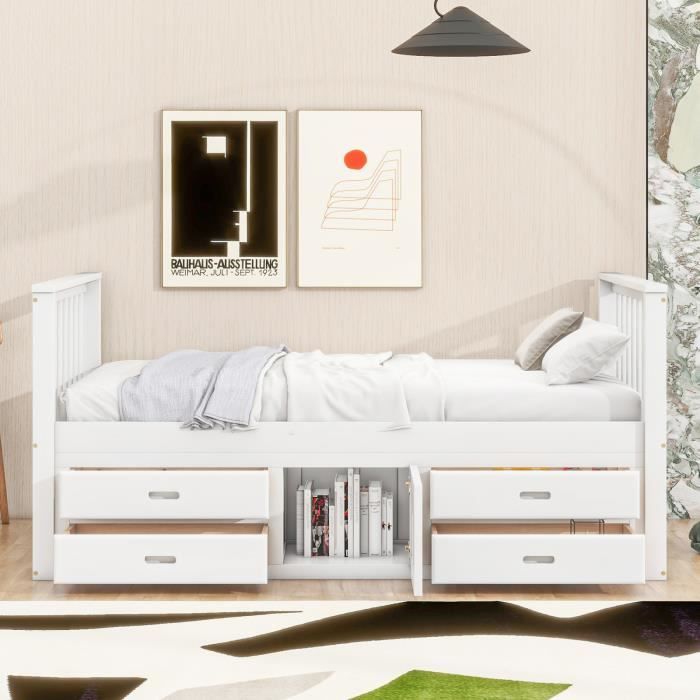 lit plateforme 90x200 cm, lit enfant, lit plateforme avec 4 tiroirs, avec placard de rangement, blanc