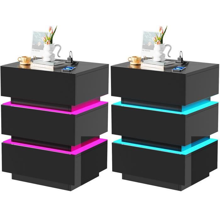 PIPIPOXER Lot De 2 Tables De Chevet LED – Blanche Brillante, Tiroir + Étagère, 16 Couleurs RGB – 40x35x58 Cm