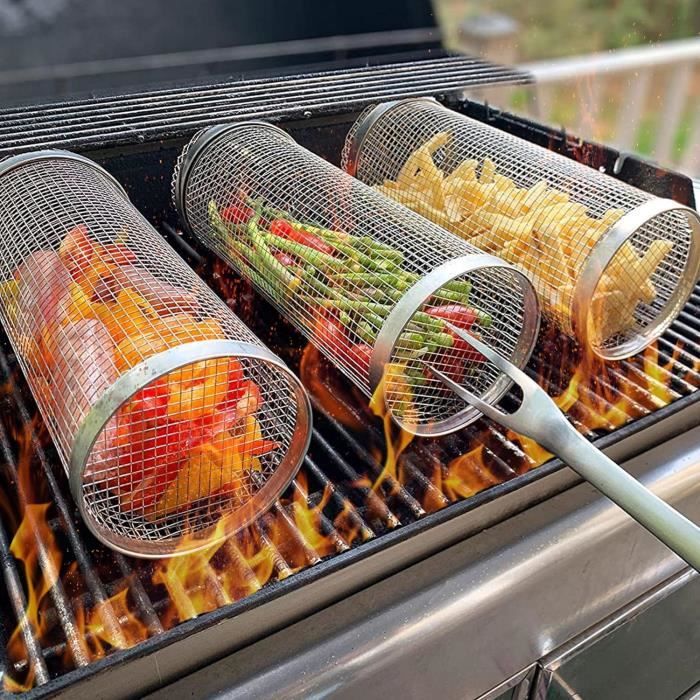 Panier De Gril Roulant En Acier Inoxydable - Accessoire Barbecue Pour Légumes, Poisson Et Viandes