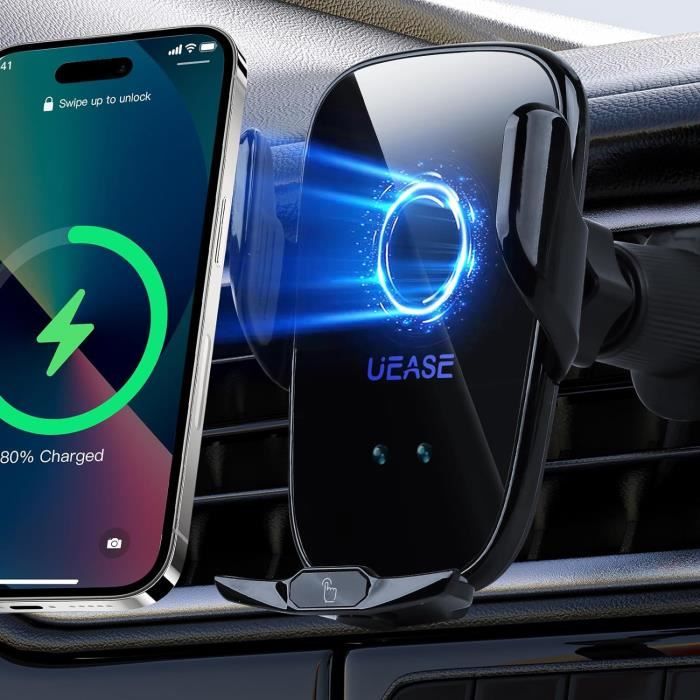 Support Voiture Magnétique 15W Avec Charge Sans Fil - Détection Auto, Clip Ventilation, Réglage Motorisé - Pour IPhone, Android