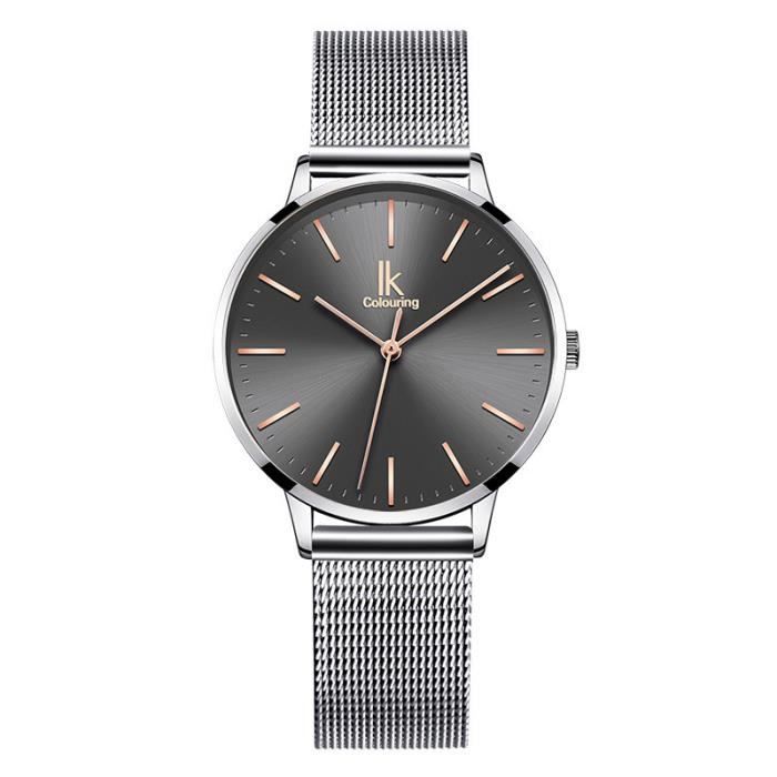 Montre Femme Ultra-Mince Bracelet Maille Simple Classique Gris